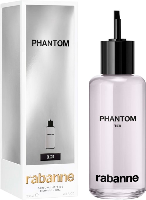Eine Parfüfflasche mit Sprühkopf, beschriftet Phantom Elixir, neben der Verpackung des Produkts.