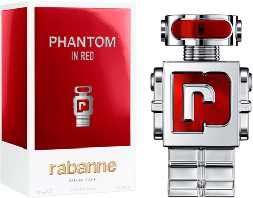 Eine silberne Roboterflasche mit roten Akzenten neben einer roten und weißen Verpackung für Phantom in Red Parfüm.