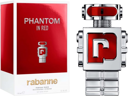 Eine Roboterfigur mit rotem und silbernem Körper steht neben einer roten Box mit der Aufschrift 'PHANTOM IN RED' und 'rabbane' Parfüm.