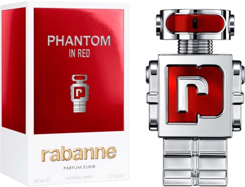 Ein Parfühümkarton mit der Aufschrift 'Phantom in Red' neben einer glänzenden robotförmigen Parfümflasche in Rot und Silber.