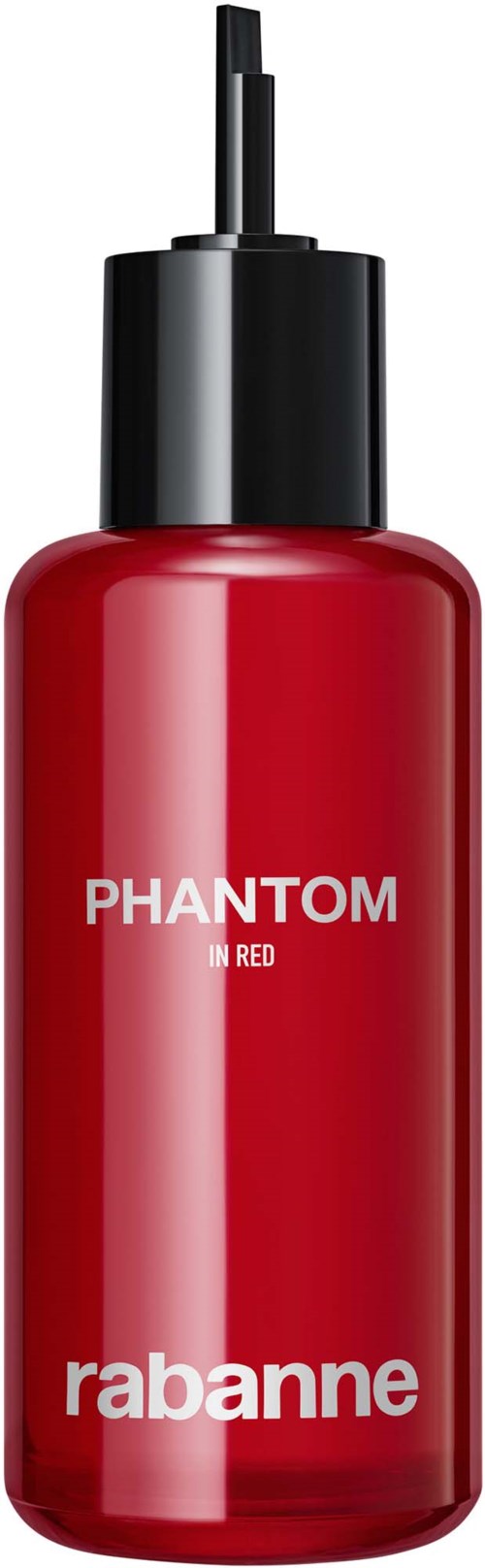 Rote Nagellackflasche mit schwarzem Deckel und Pinsel, Beschriftung 'Phantom in Red' von Rabanne.