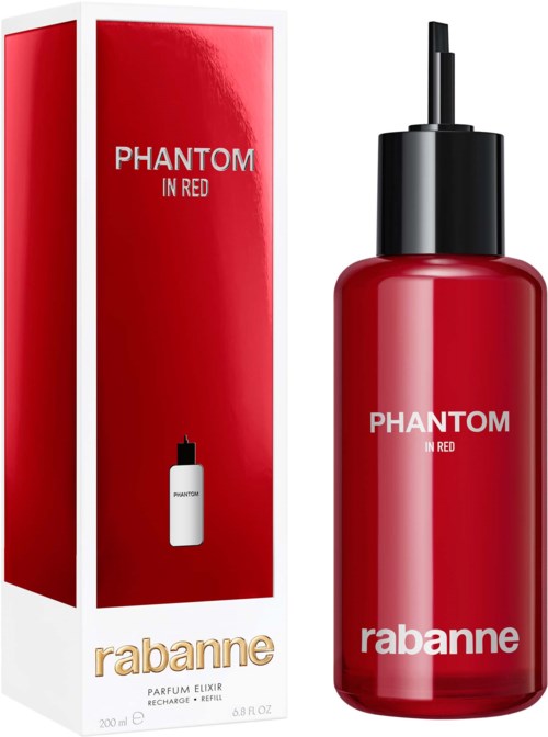 Eine rote Parfüfflasche und Verpackung mit "Phantom in Red" und "rabanne".