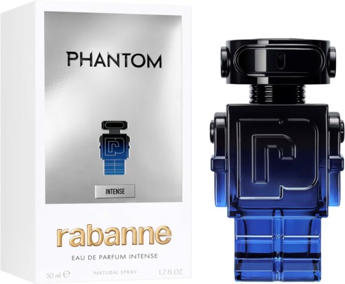 Rabanne Phantom Parfümbox und eine schwarze und blaue robotförmige Flasche.