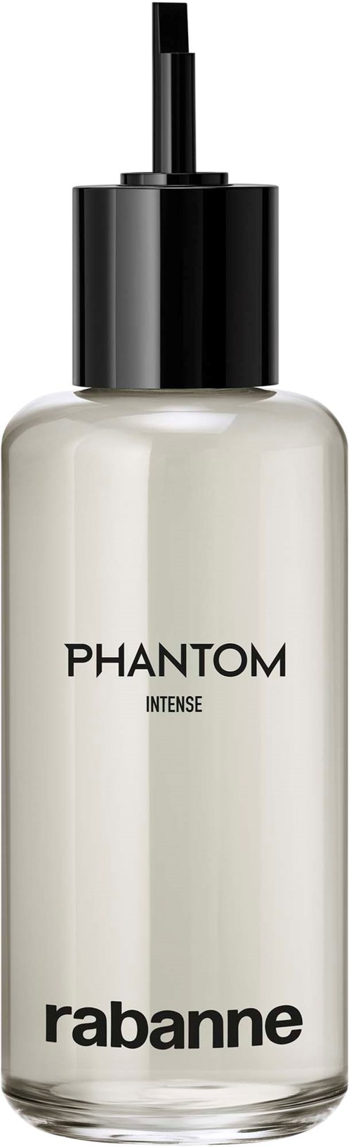 Eine weiße Flasche mit schwarzen Deckel und Sprühkopf. Sie trägt die Aufschrift "PHANTOM INTENSE rabanne."