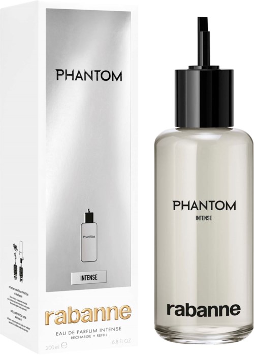Eine Parfüdflasche namens Phantom Intense von Rabanne mit ihrer Verpackung, zeigt elegantes Design und schwarzen Sprühkopf.