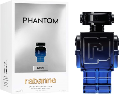 Ein Parfühmbox mit dem Wort 'PHANTOM' und eine blaue robotförmige Parfümflasche daneben.