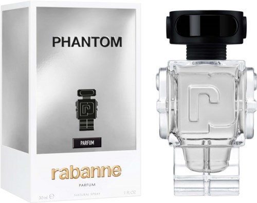 En klar glassparfymeflaske med svart lokk ved siden av en hvit eske med svart og gull tekst, viser Rabanne Phantom.