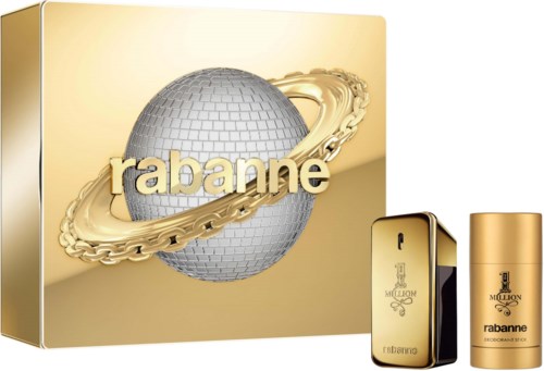 Rabanne presentset med parfym, deodorant och dekorativ förpackning med en jordglob och guldring.