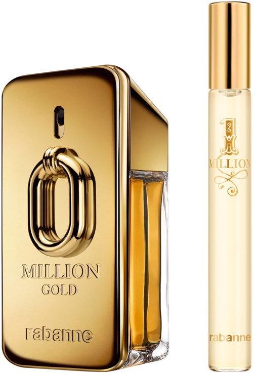 Gullfarget parfymeflaske og en klar sprayemballasje med gullfarget hette, merket 'Million Gold' og 'Rabanne'.