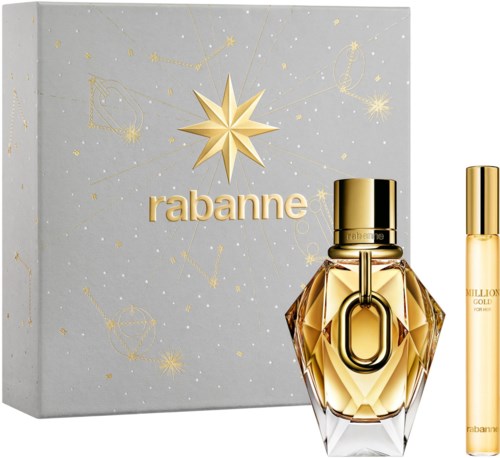A perfume with a gray box featuring a gold star, and a gold-and-clear bottle next to it.