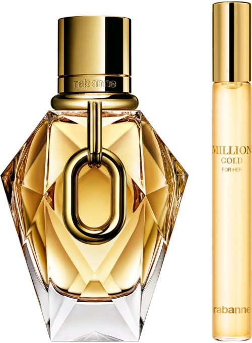 Two gold-colored perfume bottles, one large with a geometric design and chain detail, and one small, sleek and simple.