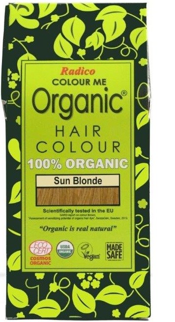 Lichtgroene en zwarte verpakking voor haarkleur, gemarkeerd 'Radico Organic' in geel en rood, zon blond, 100% biologisch.