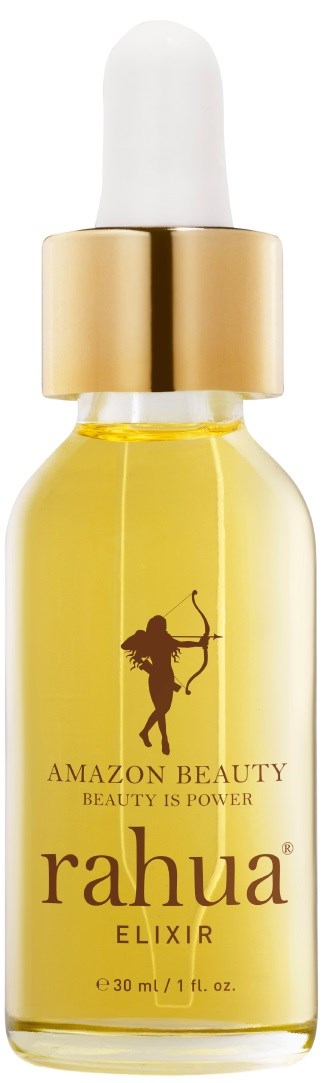 A small yellow bottle with a dropper cap, labeled "Rahua Elixir" and features a silhouette of a woman with a bow.