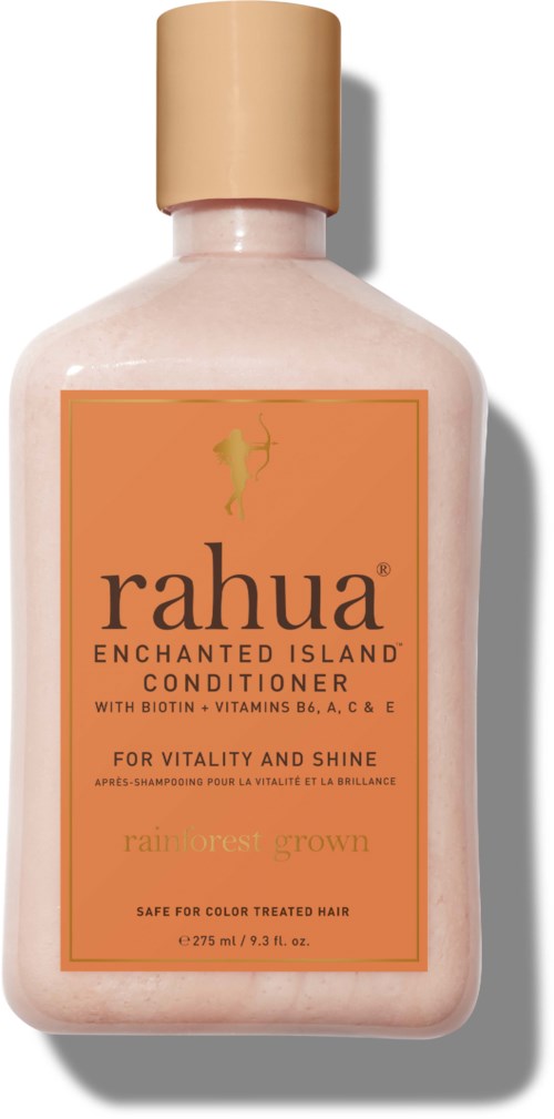 A pink bottle with a beige cap, labeled 'rahua' for hair conditioner, featuring orange and black text.