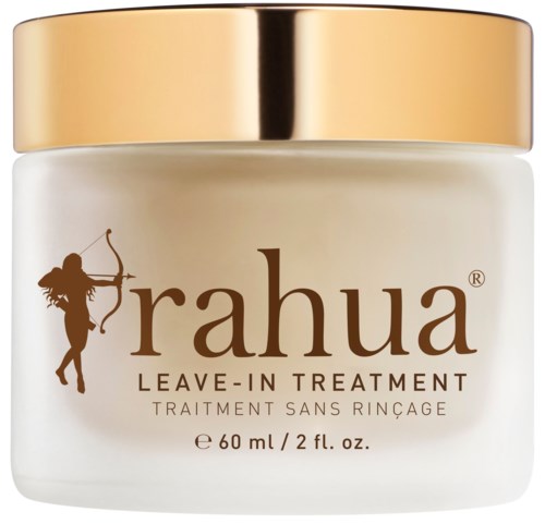 A white jar with a gold lid, labeled 'rahua' and 'leave-in treatment', contains 60ml of hair care product.
