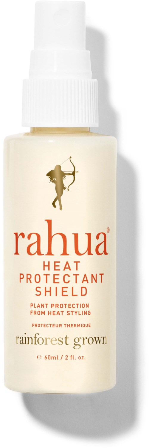 A spray bottle labeled Rahua Heat Protectant Shield for plant protection from heat styling, named rainforest grown, 60ml.