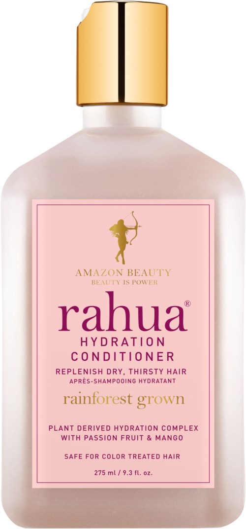 A pink bottle with a gold cap, labeled 'Rahua Hydration Conditioner' for dry, thirsty hair with passion fruit and mango.