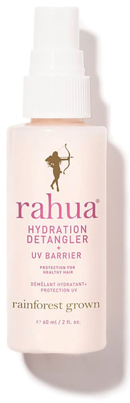 A white spray bottle labeled "Rahua Hydration Detangler UV Barrier" with a silhouette of a woman with a bow and arrow.