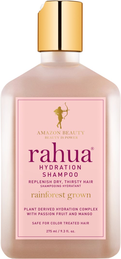 A pink bottle with a gold cap labeled 'Rahua Hydration Shampoo' for dry, thirsty hair with passion fruit and mango.