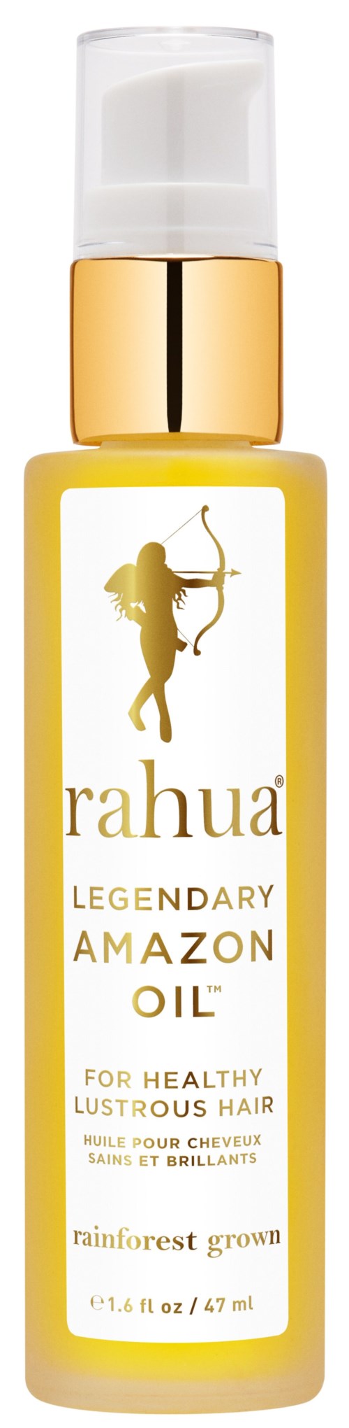 A small yellow bottle with a white pump, label shows a woman with a bow and arrow, text about Amazon oil for hair.