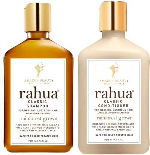Two shampoo bottles, beige and gold, labeled Rahua Classic Shampoo and Conditioner, for healthy, lustrous rainforests grown hair.