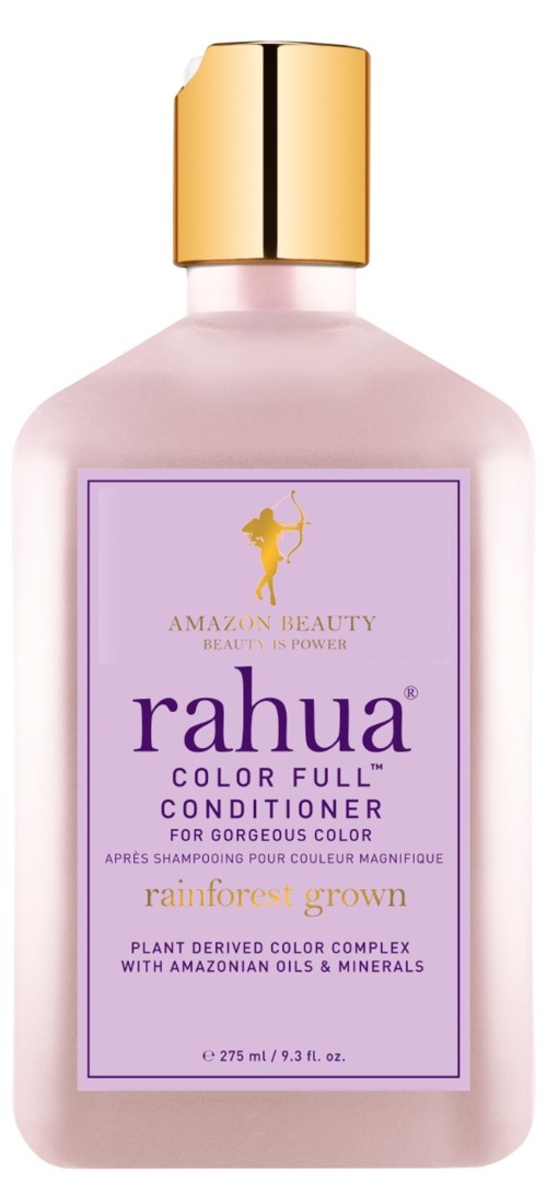 A pink shampoo bottle with a gold cap, labeled 'Rahua Color Full Conditioner' for vibrant hair, with purple and gold accents.