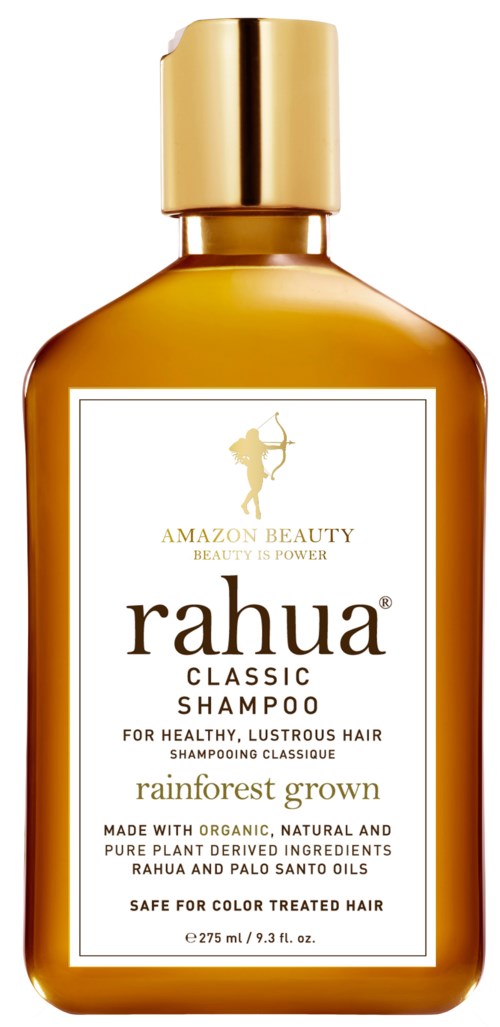 Gold bottle of Rahua Classic Shampoo with a white label, gold cap, and product details in black text.