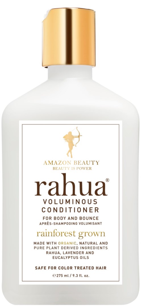 White bottle with gold cap, labeled 'Rahua Voluminous Conditioner' for hair, plant-based, safe for color-treated hair.
