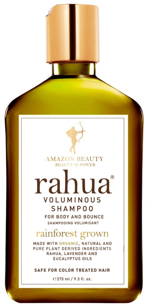 A gold-colored bottle of Rahua Voluminous Shampoo with a gold cap, labeled as natural, for thick hair and bounce.