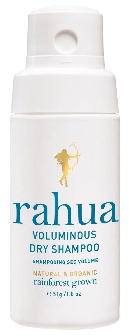 A white shampoo bottle with a gold figure and blue text, labeled 'Rahua Voluminous Dry Shampoo'.