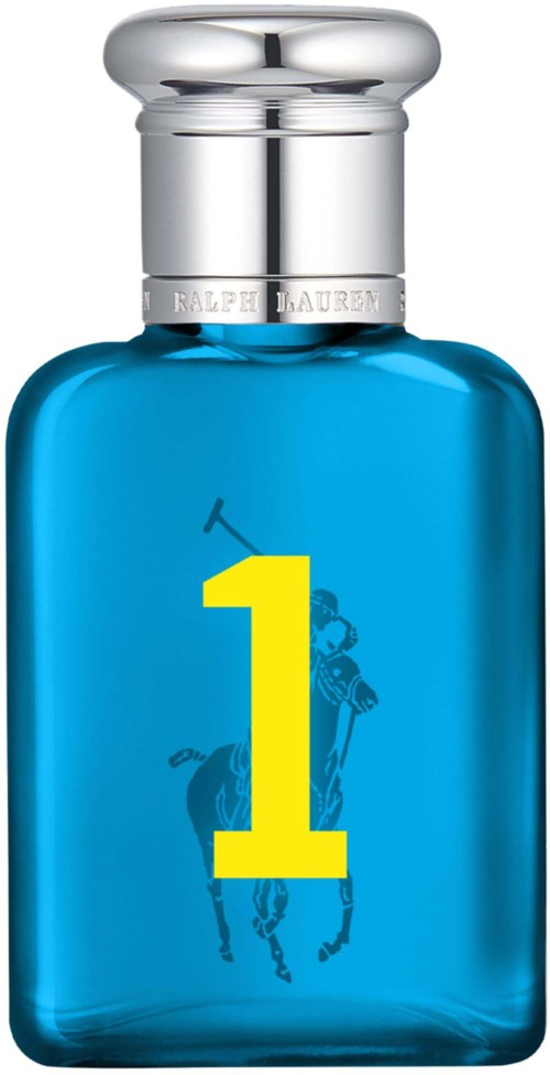 Sininen Ralph Lauren Polo Sport -hajuvesipullo, hopeanvärisellä kannella, jossa keltainen numero 1 ja hevospainatus.