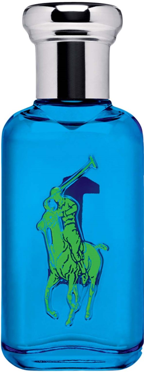 Blauwe glazen fles met een groene afbeelding van een jongen op een paard en een zilveren dop.