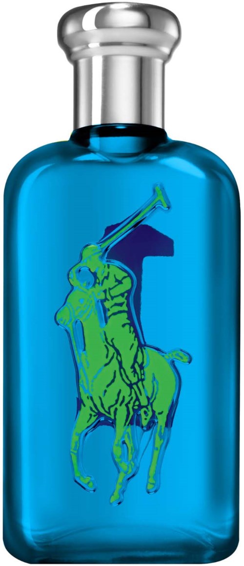 Een blauwe fles met een zilveren dop met een groen en blauw logo van een paard en een man met een stok.