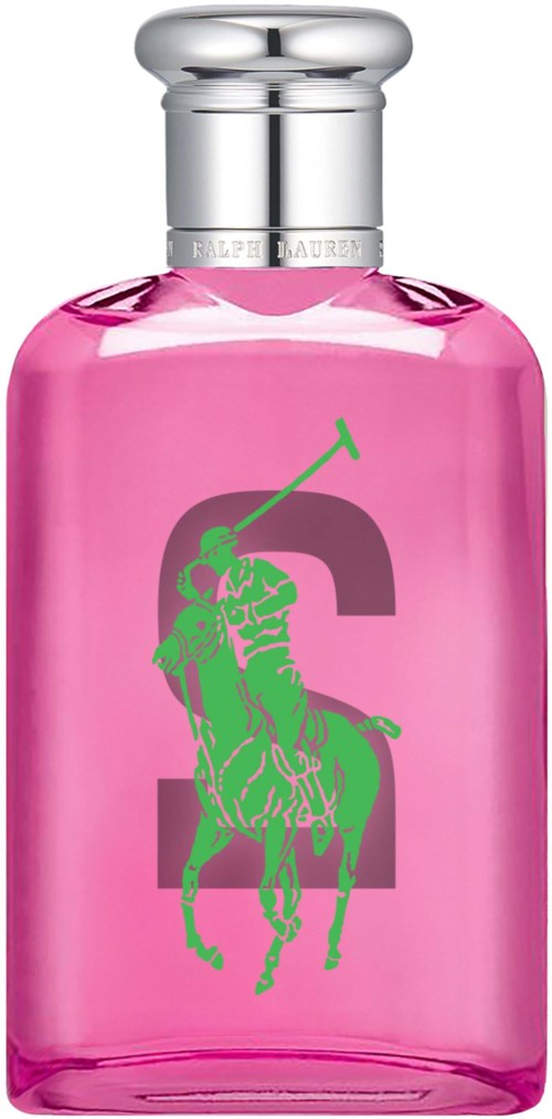 Een roze fles met een groen logo van een polo-speler en een grote letter 'G'.