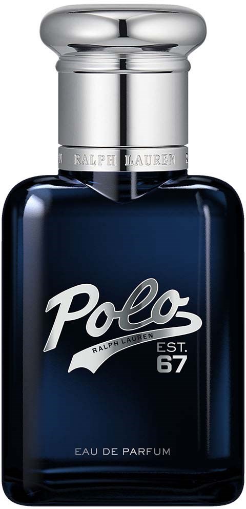 Een donkerblauwe parfumfles met een glanzende zilveren dop, gemerkt Polo Ralph Lauren EST 67, Eau de Parfum.
