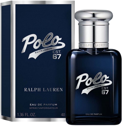 Polo Ralph Lauren parfumfles en doos, navyblauw en zilveren kleuren, vintage geïnspireerd ontwerp, klassieke stijl.