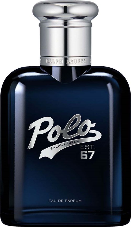 Een donkerblauw parfumflesje met een zilveren dop en "Polo Ralph Lauren" tekst. Eenvoudig en strak ontwerp.