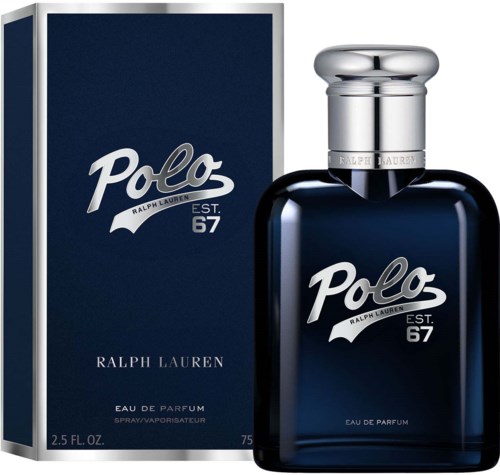 Een donkerblauwe parfumfles en doos met zilveren dop en Polo Ralph Lauren logo, staand rechtop.