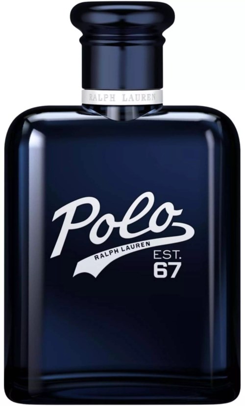 Donkerblauwe parfumfles met Polo Ralph Lauren logo en tekst, zilveren dop.