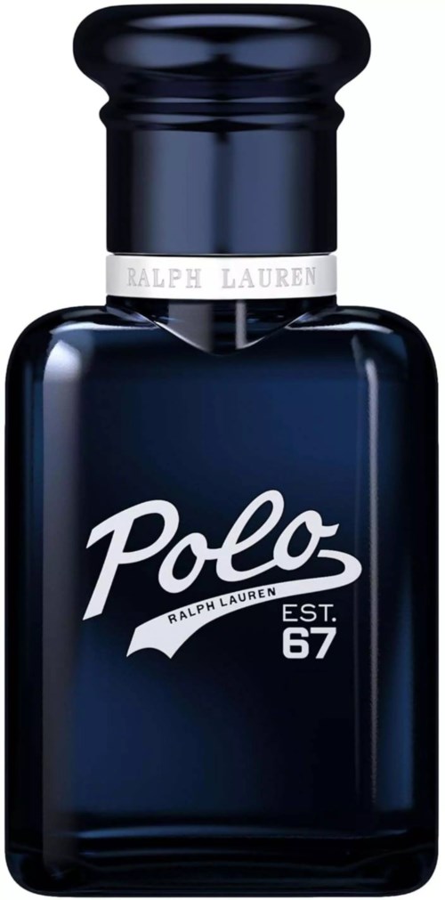 Een donkerblauwe Polo Ralph Lauren parfumfles met witte en zilveren tekst.