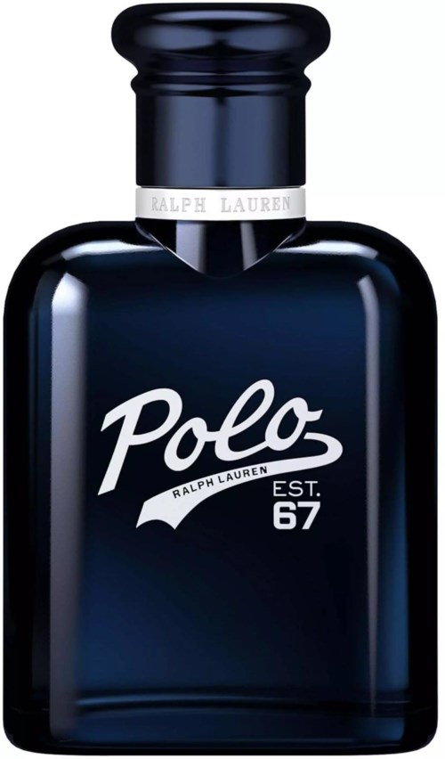 Een donkerblauwe parfumfles met een zwart deksel, met de woorden Polo Ralph Lauren en EST 67.