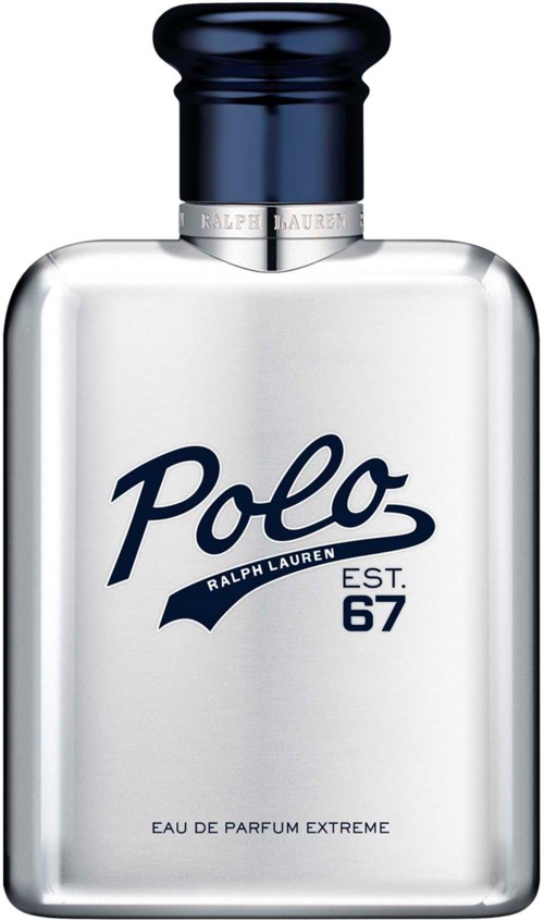 Een slanke zilveren parfumfles met een donkerblauwe dop, met de tekst Polo en een klein logo.