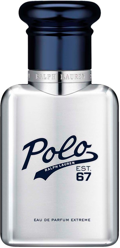 A white perfume bottle with a dark cap, labeled Polo by Ralph Lauren, EST 67, and Eau de Parfum Extreme.