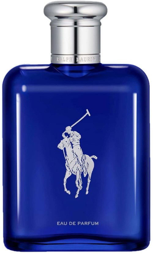 Een blauw parfumflesje met zilverkleurige dop, met een polo-speler logo en de woorden 'Eau de Parfum'.