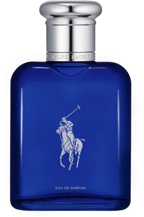 Een dieppaars parfumfles met zilverkleurige dop en een polo speler logo.