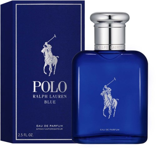 Een blauwe parfumfles en bijpassend doosje, beide met een polo-speler logo en witte tekst.