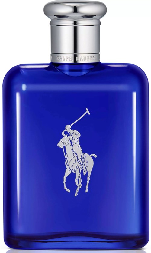 Een blauwe parfumfles met zilverkleurige dop en een wit logo van een polo-speler die op een paard rijdt.