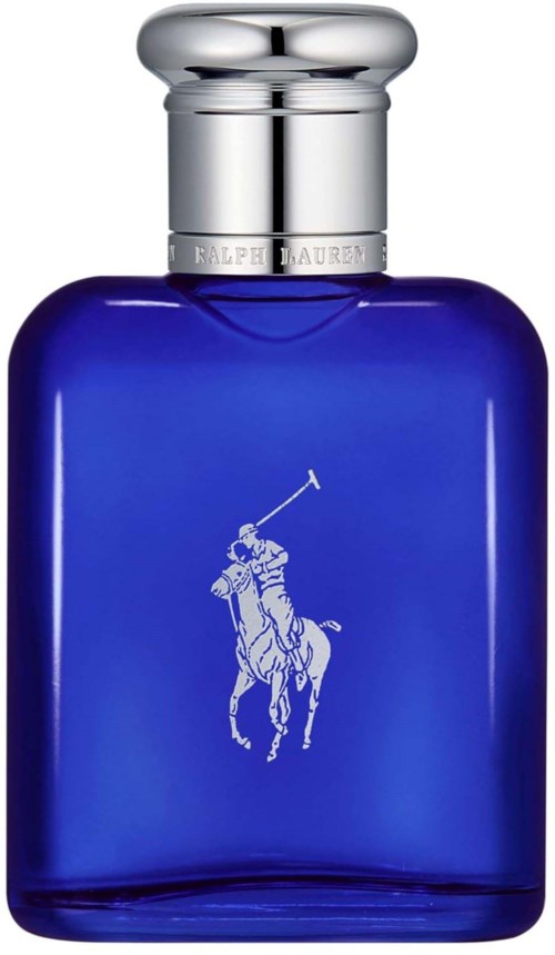 Blauwe parfumfles met zilveren dop en een logo van een persoon op een paard. Elegant en eenvoudig ontwerp.