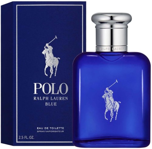 Een blauwe fles en bijpassende doos voor Polo Ralph Lauren Blue parfum met een paard en ruiterlogo.