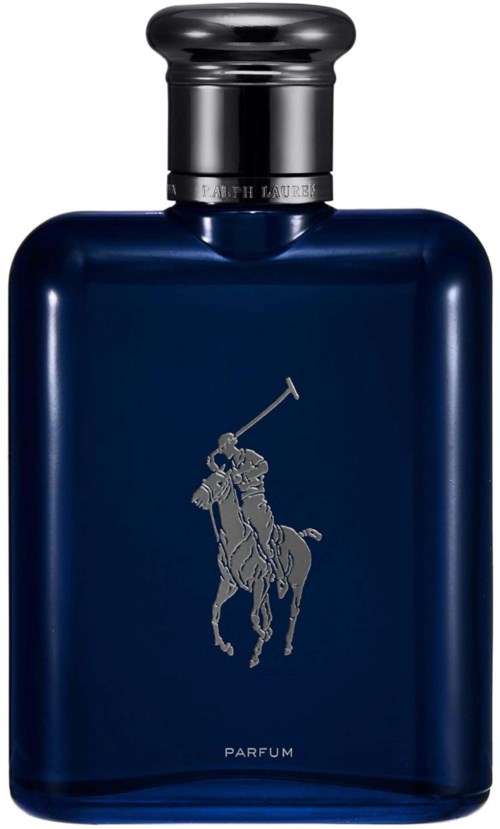 Donkerblauw parfumfles met een zilveren paard en ruiter logo, en het woord 'Parfum'.